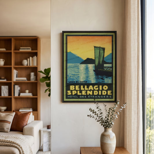 Bellagio Splendide Lake Como vintage travel print in black premium oak frame