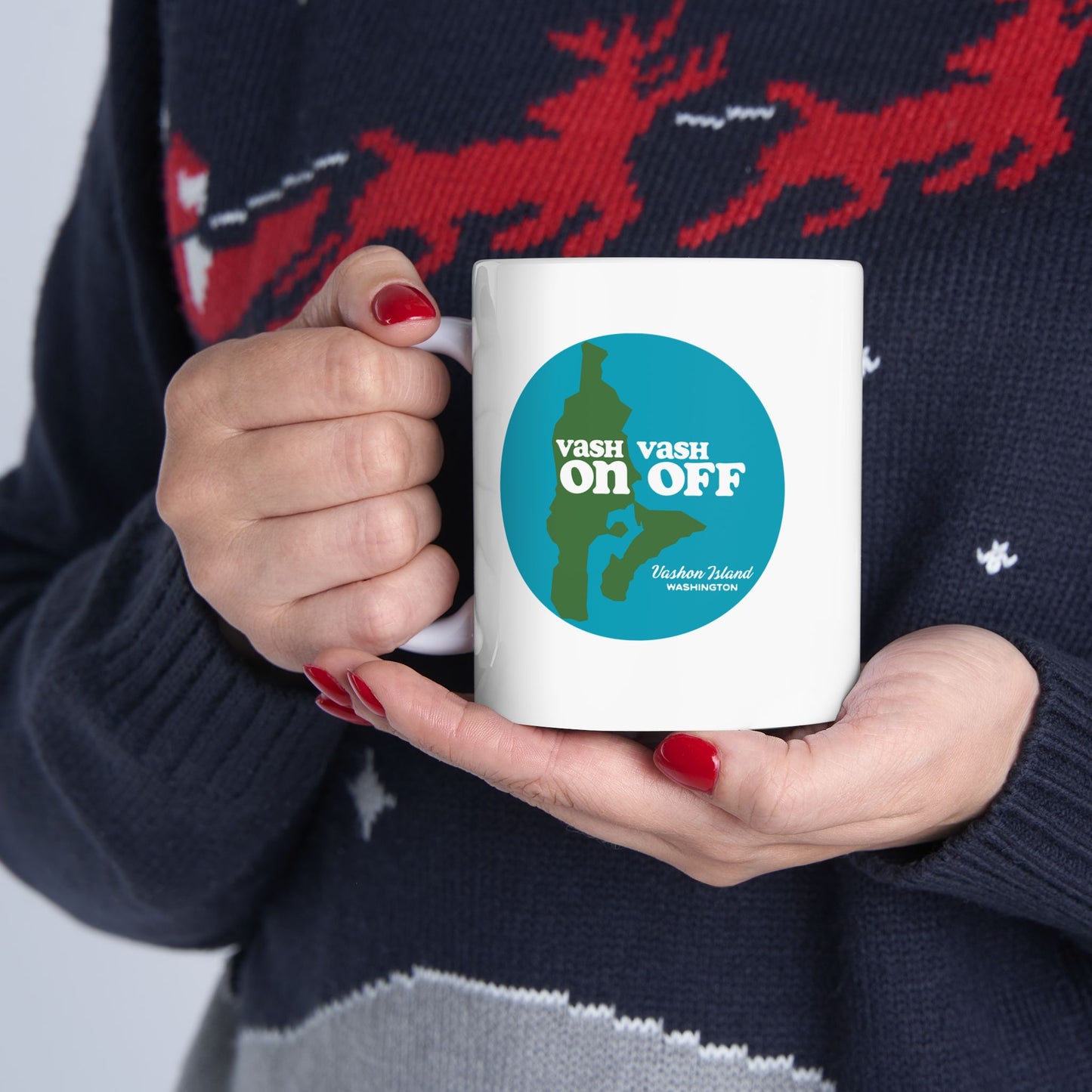 Person holding a mug with Vashon Island design from Localintrigue.com
