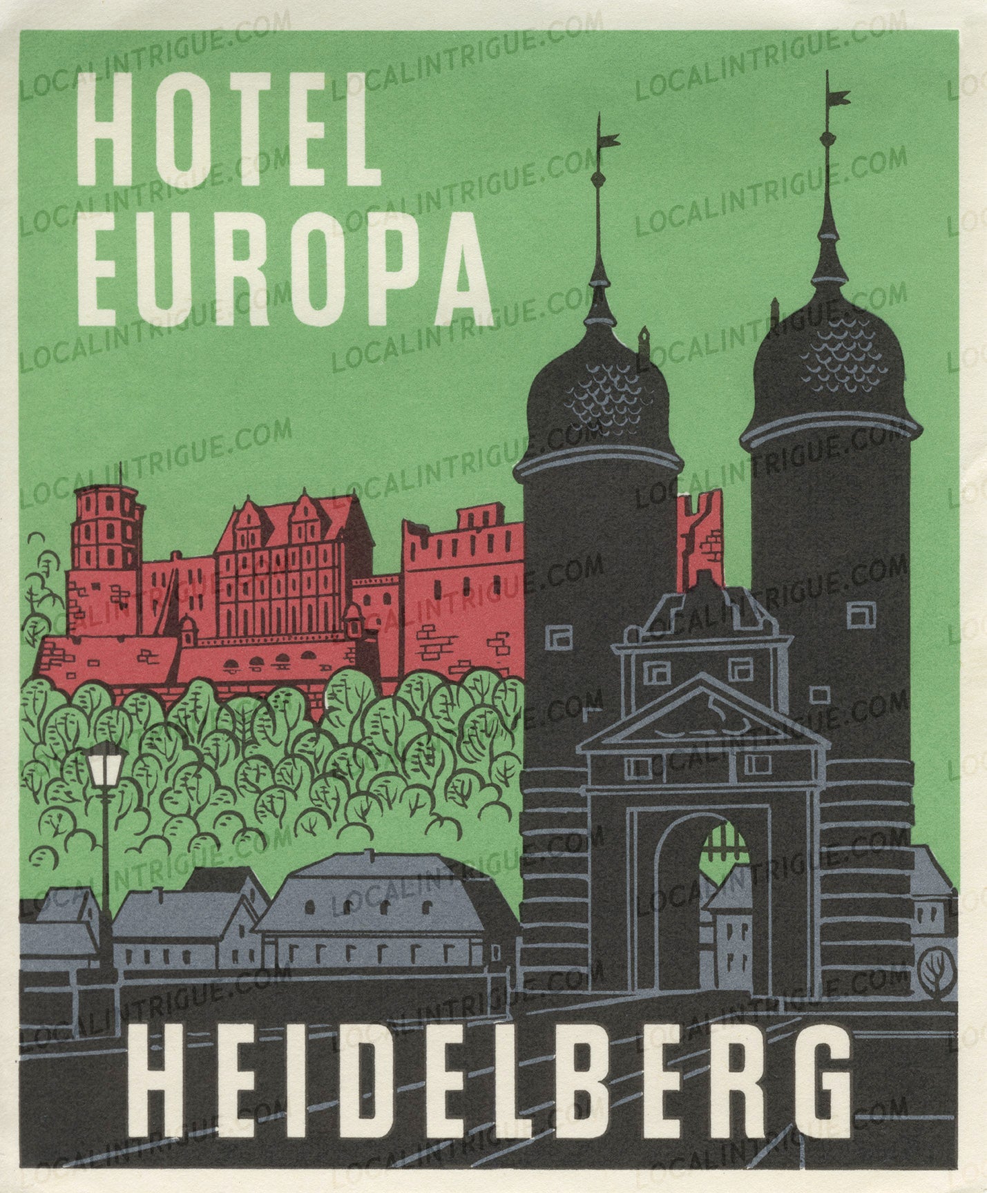 Vintage luggage decal for Hotel Europa in Heidelberg with green background and architectural illustration.