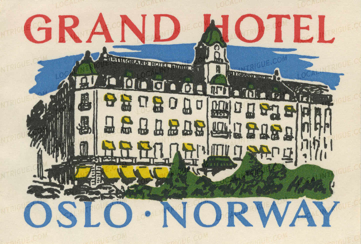 Vintage luggage decal of Grand Hotel Oslo, Norway with a vintage design.