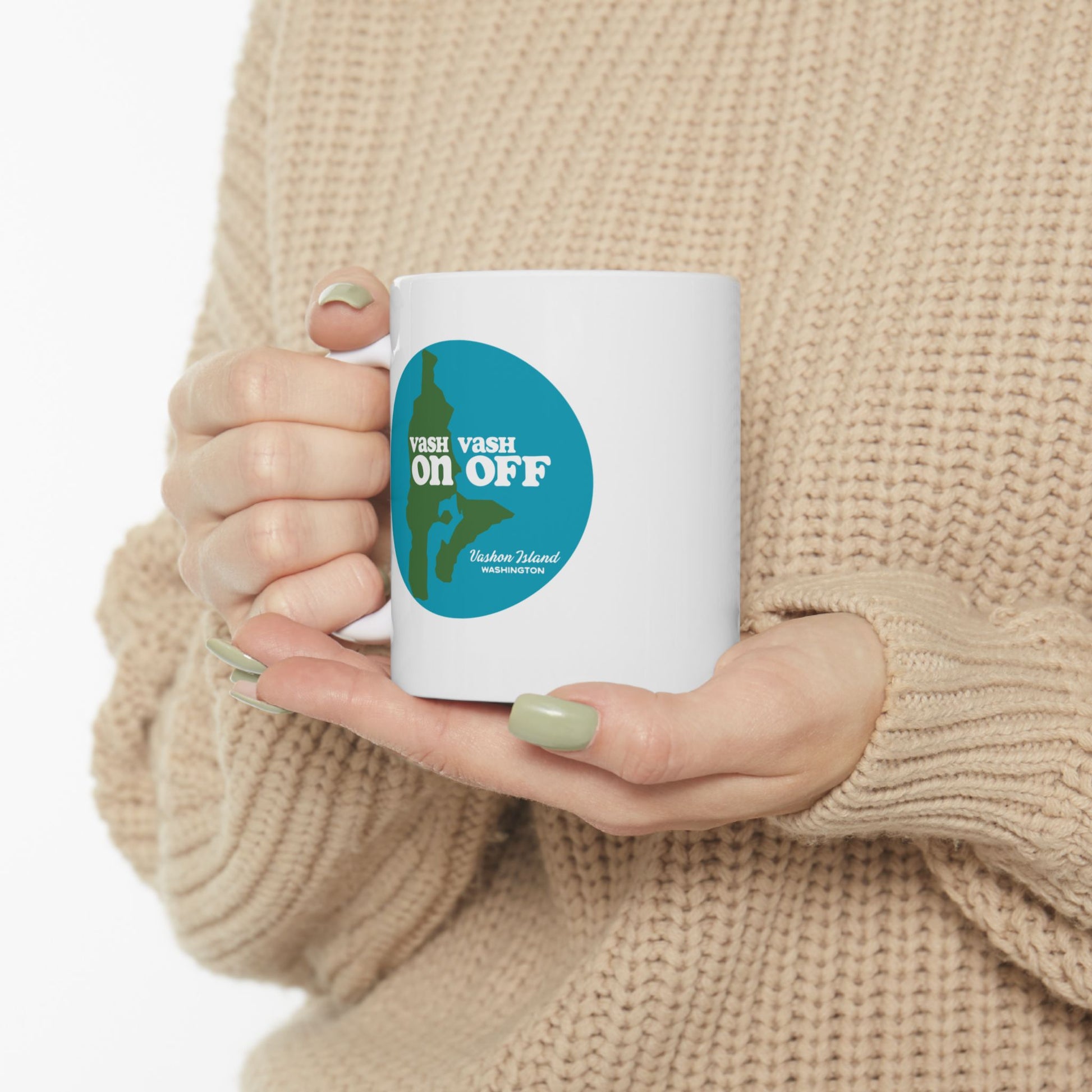 Person holding a mug with Vashon Island design from Localintrigue.com