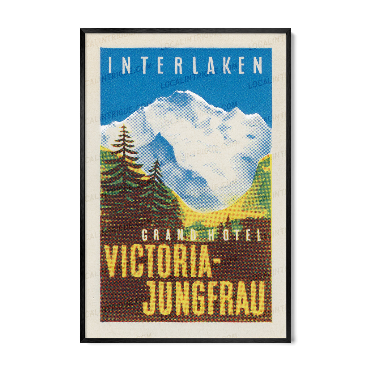 Grand Hotel Victoria-Jungfrau Interlaken travel print in black premium metal frame