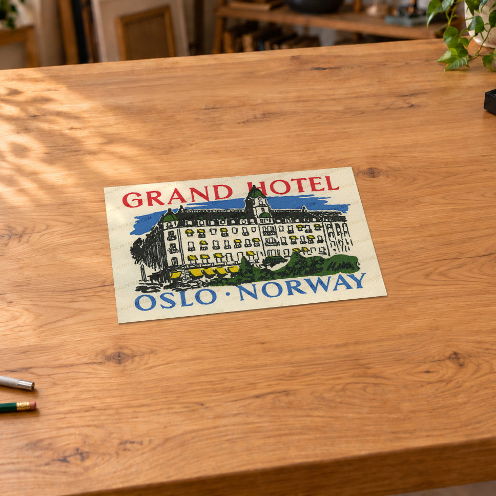 Vintage Grand Hotel Oslo Norway luggage label art print