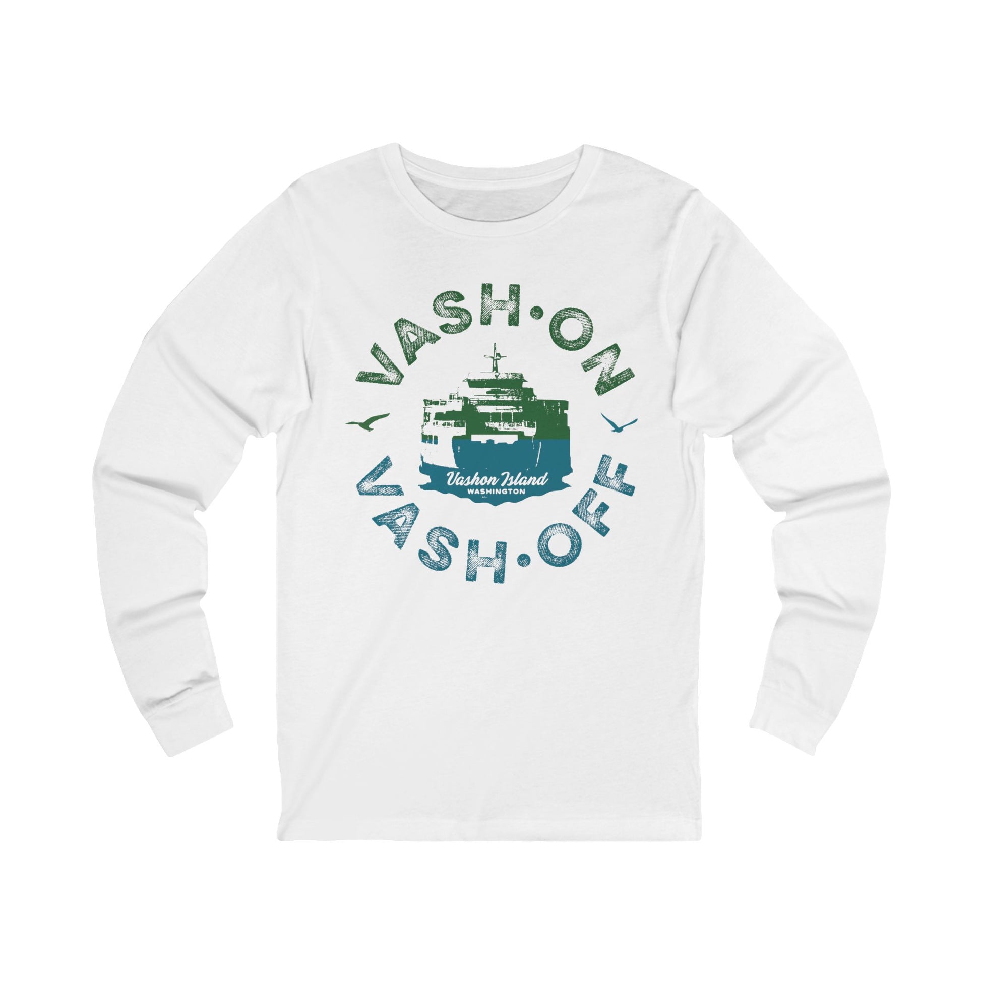 White long-sleeve shirt with green and blue graphic design on a white background