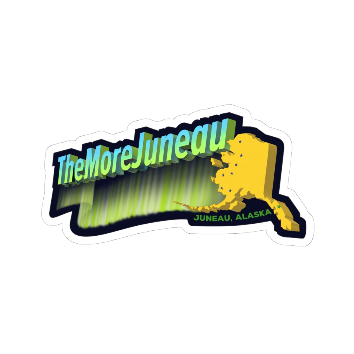 The More Juneau sticker with original Juneau Alaska aurora-inspired design