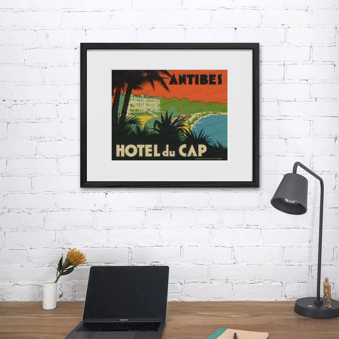 Hotel du Cap French Riviera vintage travel art in black premium oak frame