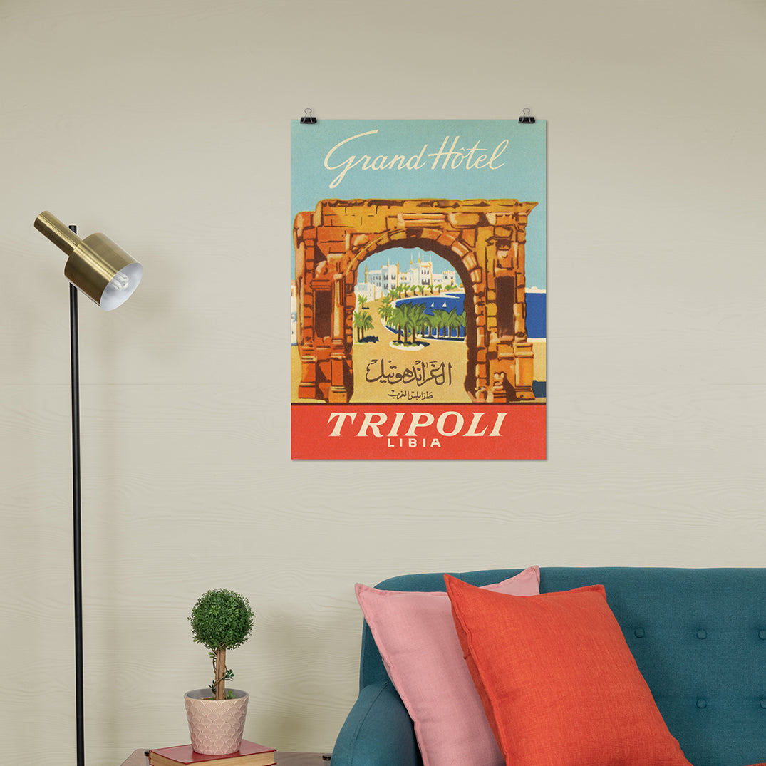 Vintage Grand Hotel Tripoli Libya circa 1930 luggage label travel print