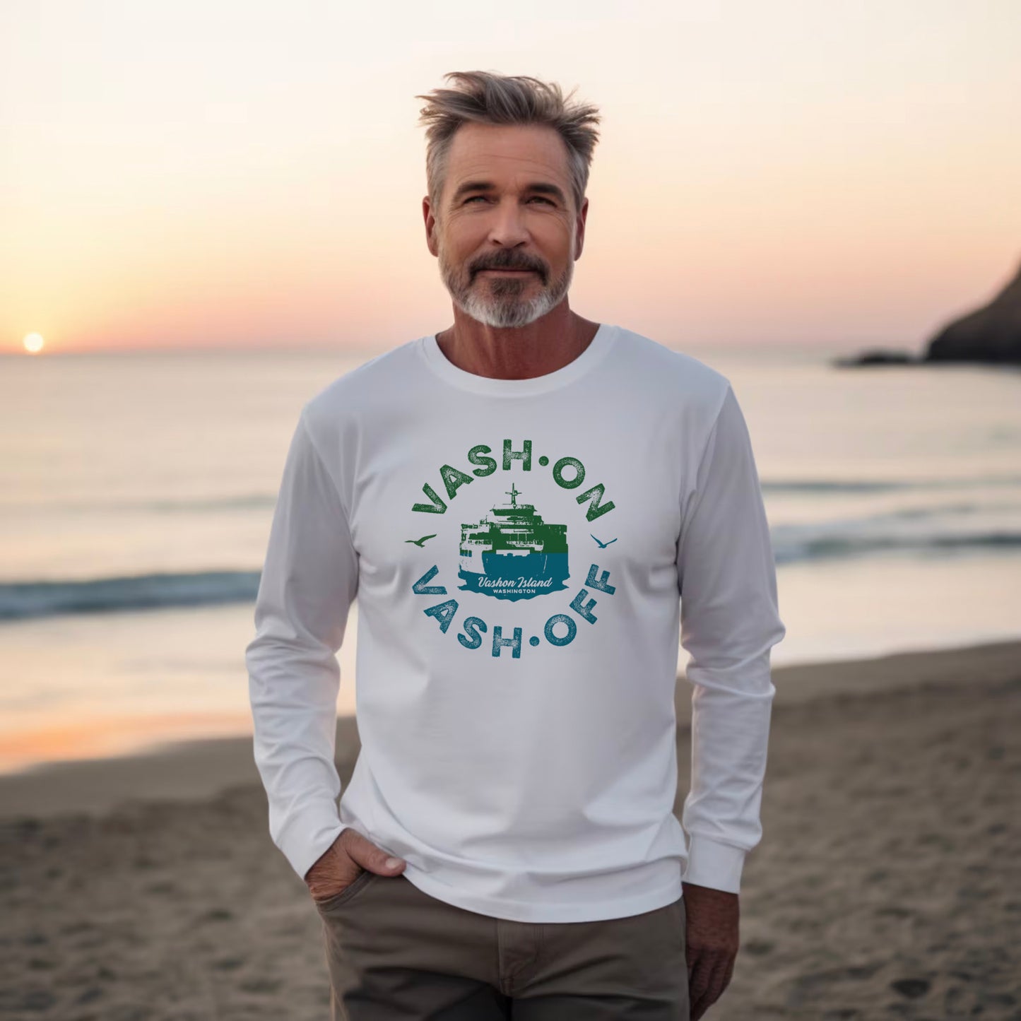 Man wearing a white long-sleeve shirt with 'Vash-on Vash-off' graphic on an island beach at sunset. Localintrigue.com