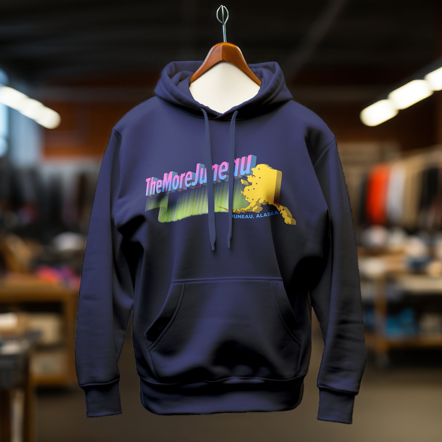 Navy blue hoodie with colorful Juneau, Alaska The More Juneau graphic design featuring northern lights, big dipper, and the Last Frontier on a hanger against a blurred store background