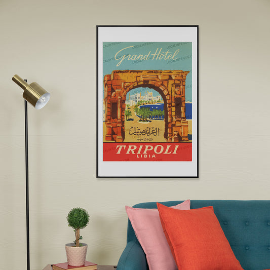 Grand Hotel Tripoli Libya vintage travel print displayed as framed wall art