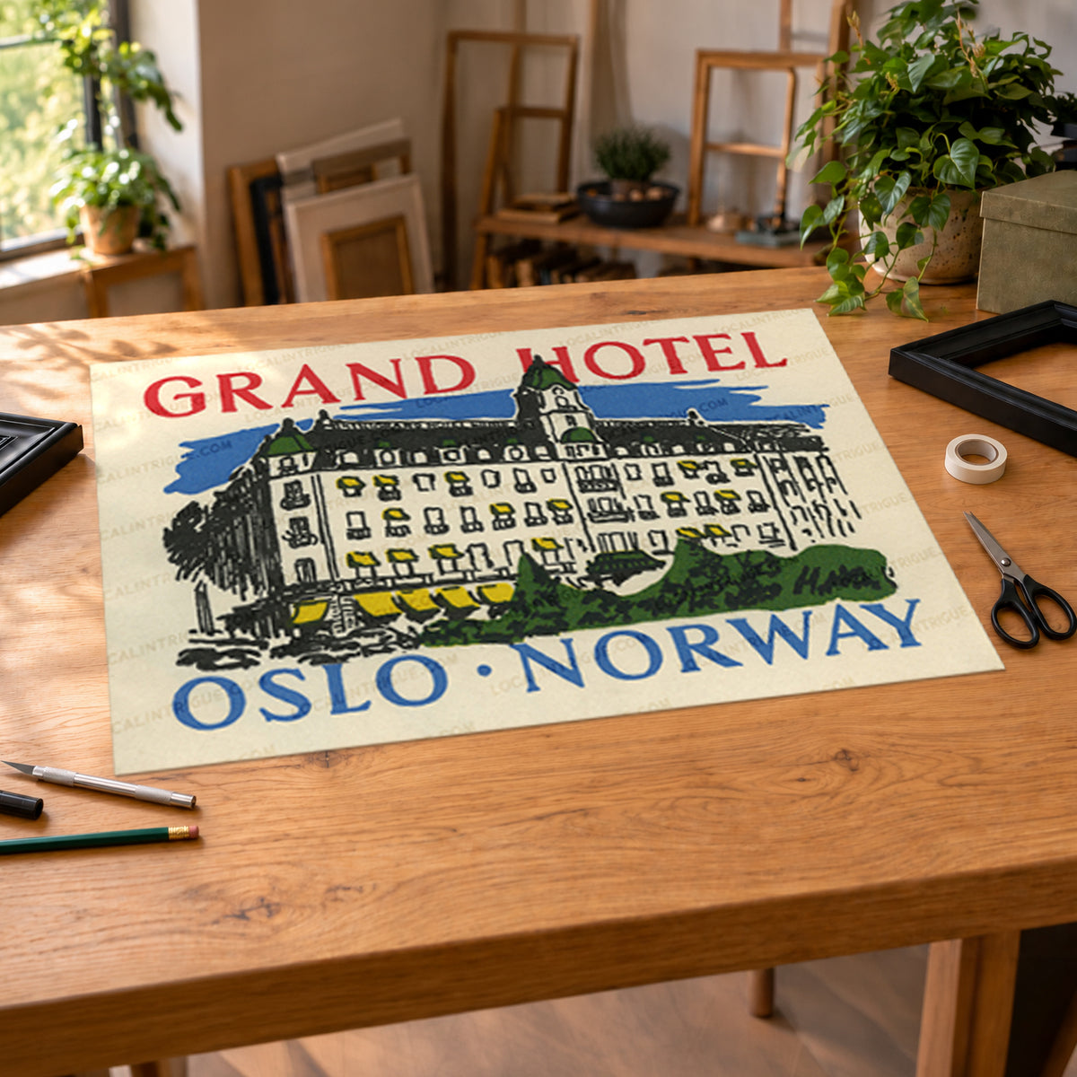 Vintage Grand Hotel Oslo Norway luggage label travel print