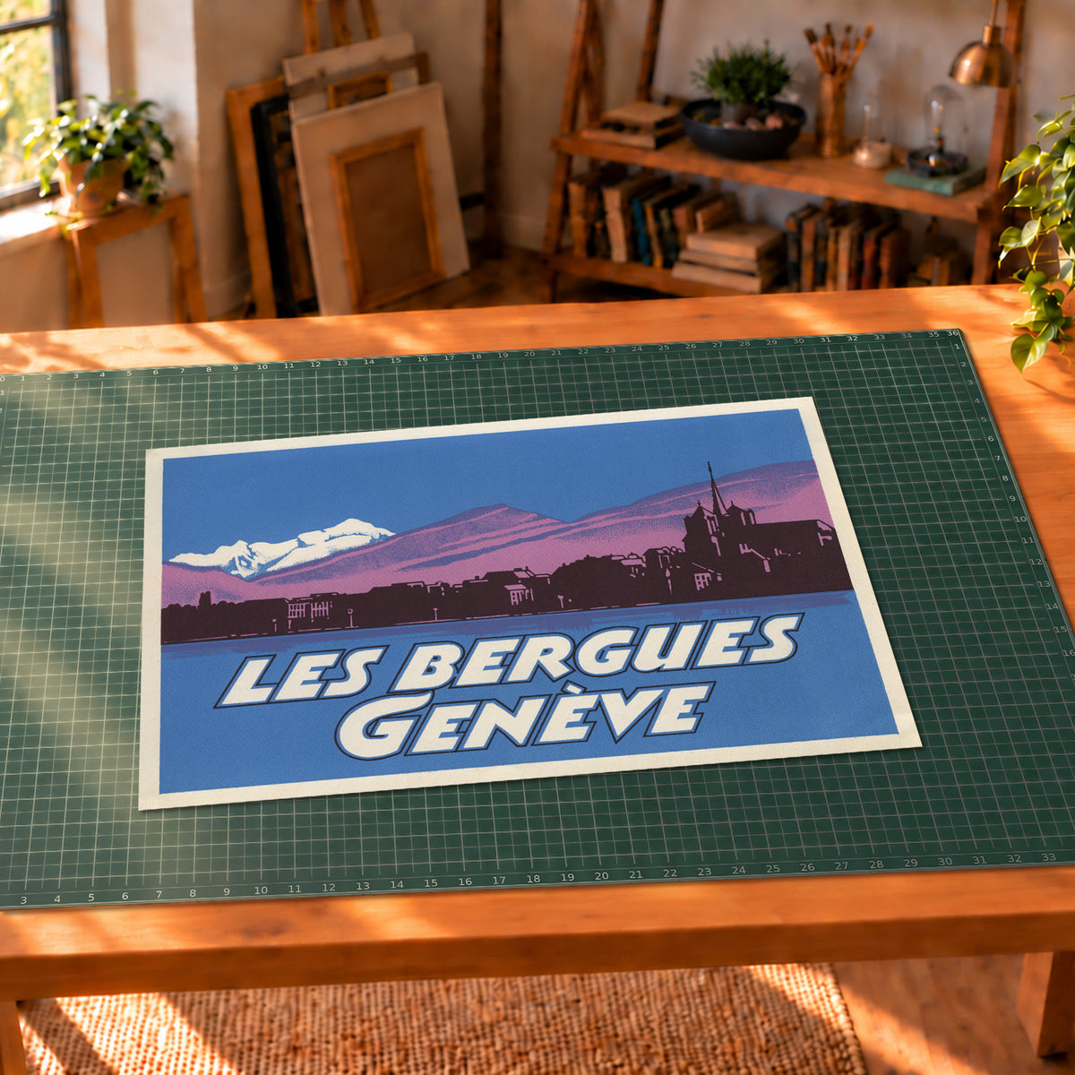 Vintage Les Bergues Geneva Switzerland luggage label art print