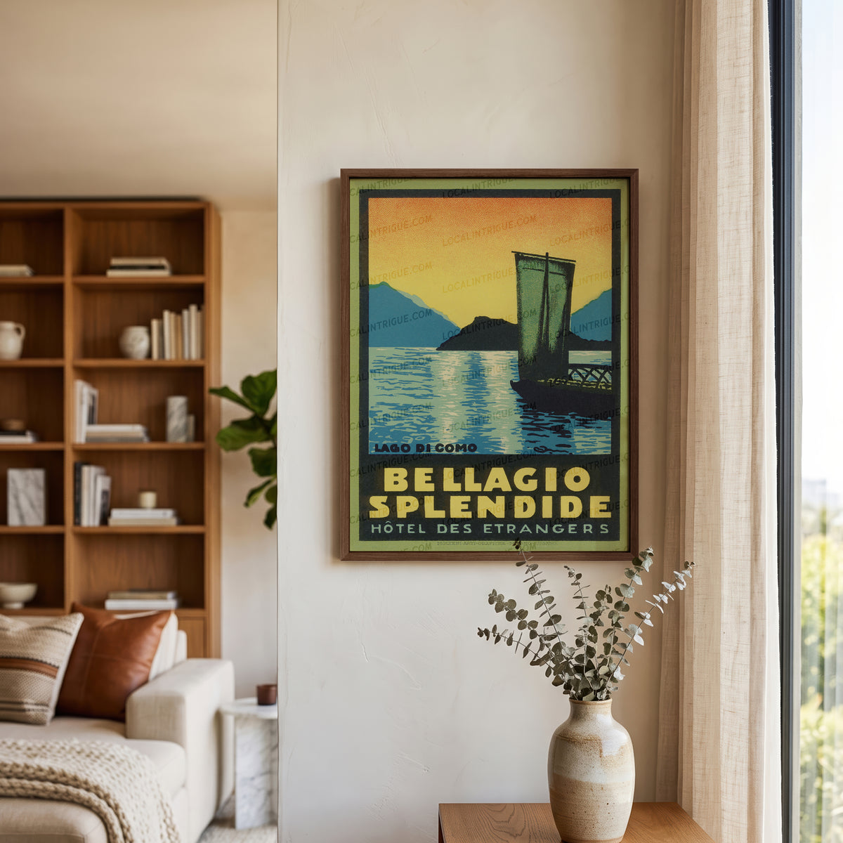 Bellagio Splendide Lake Como vintage travel art in walnut premium oak frame
