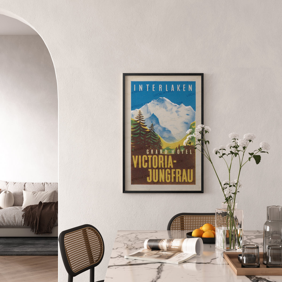 Grand Hotel Victoria-Jungfrau Interlaken vintage Swiss travel print displayed as framed wall art