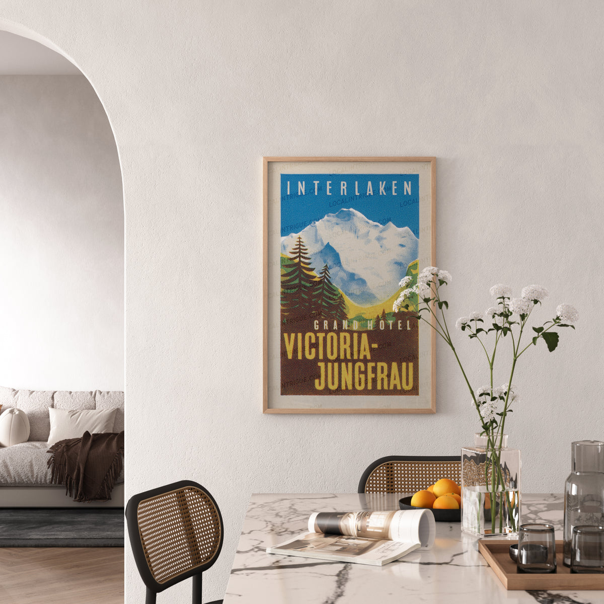 Grand Hotel Victoria-Jungfrau Swiss Alps travel print in natural premium oak frame