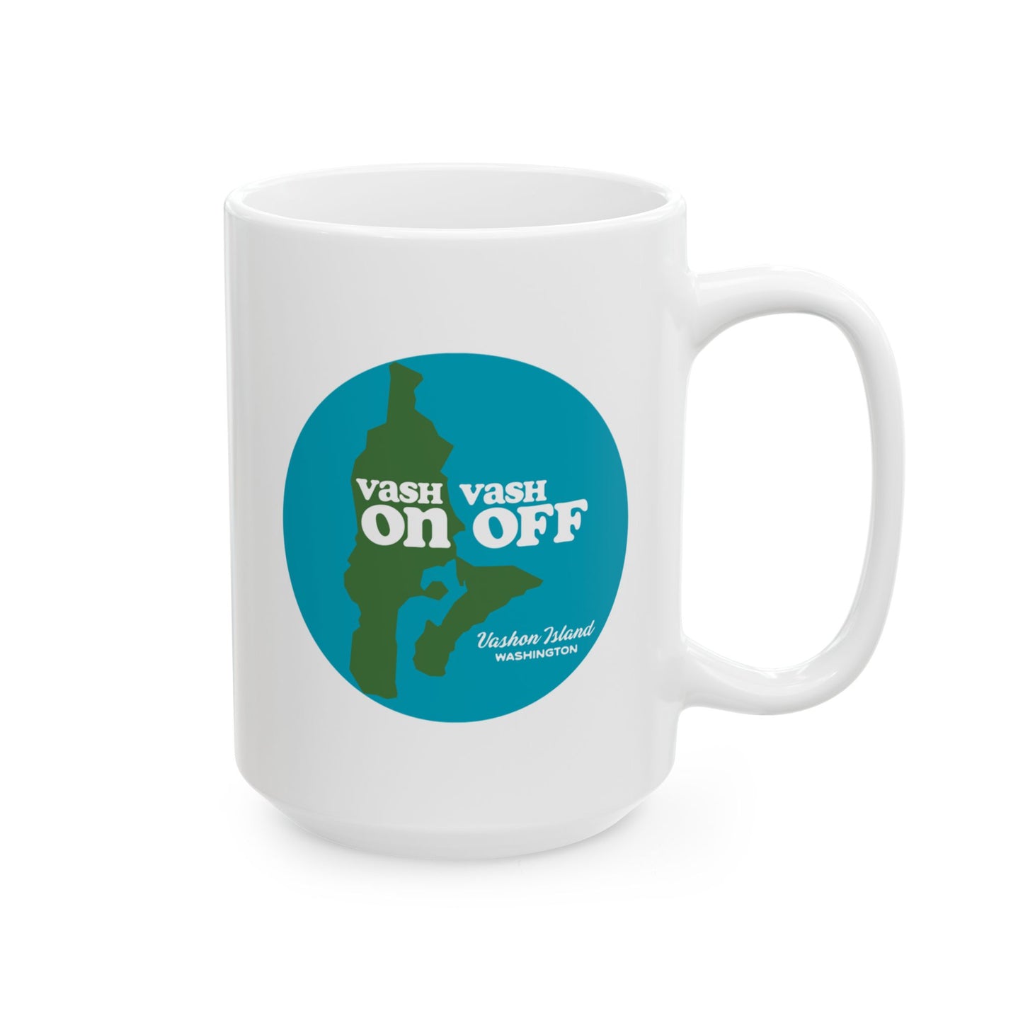 A white ceramic mug with blue and green Vashon Island, Washington design from Localintrigue.com