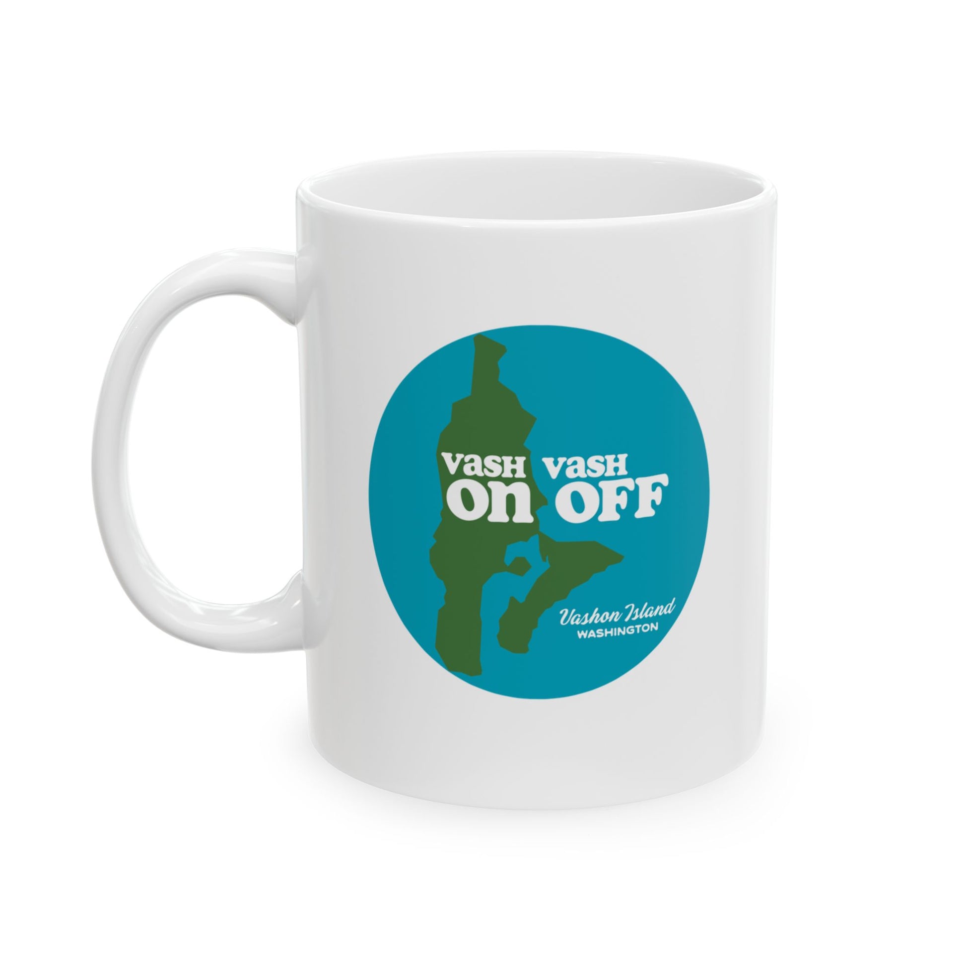 A white ceramic mug with blue and green Vashon Island, Washington design from Localintrigue.com