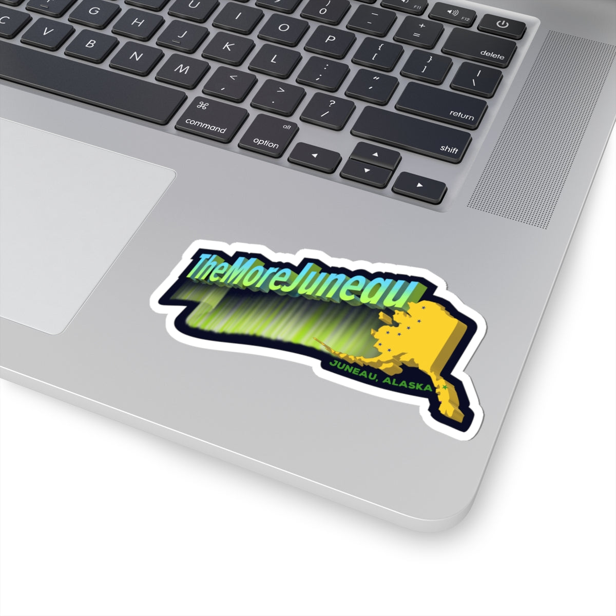 Juneau Alaska kiss-cut vinyl sticker featuring The More Juneau graphic