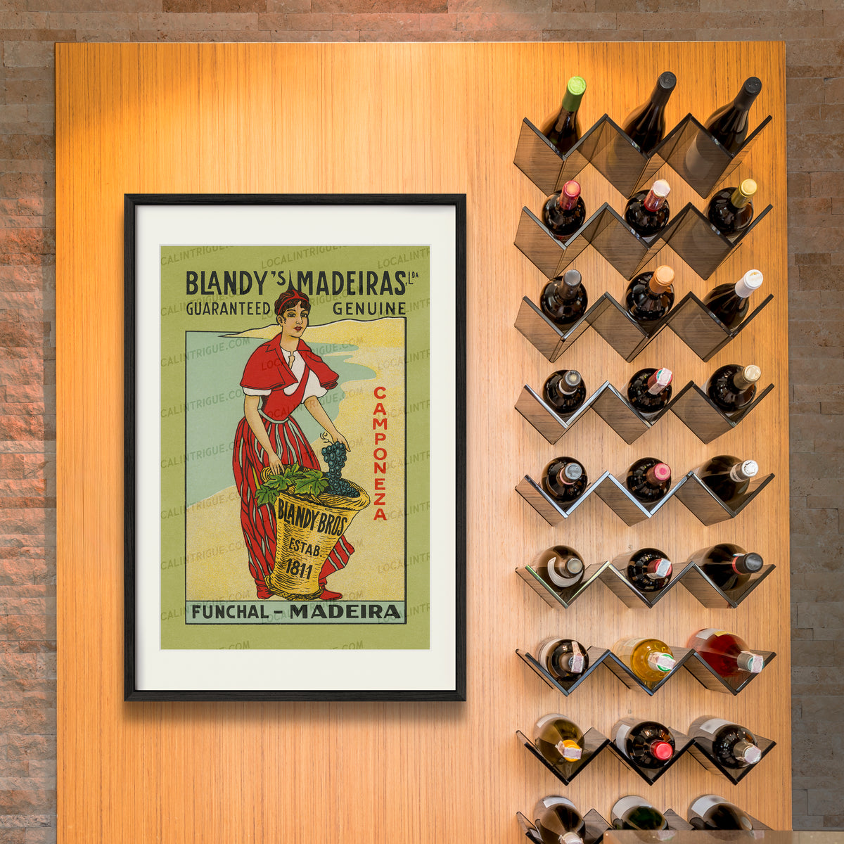 Blandy's Madeira vintage Portugal travel print displayed as framed wall art