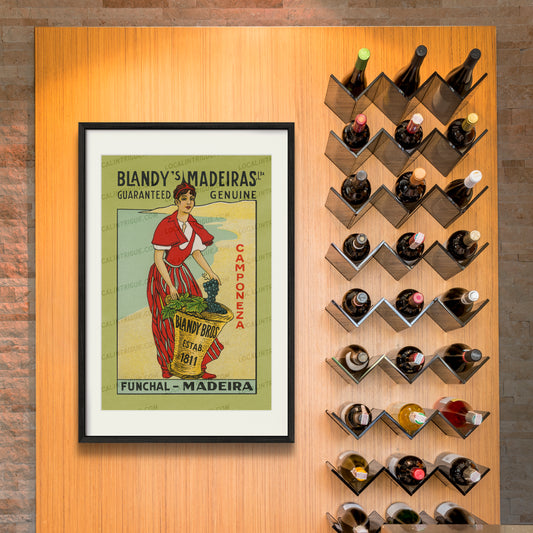 Blandy's Madeira vintage Portugal travel print displayed as framed wall art