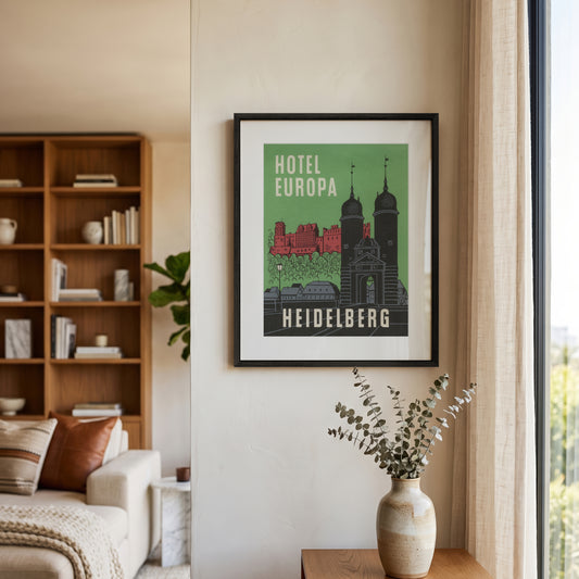 Hotel Europa Heidelberg Germany vintage travel print in black premium oak frame