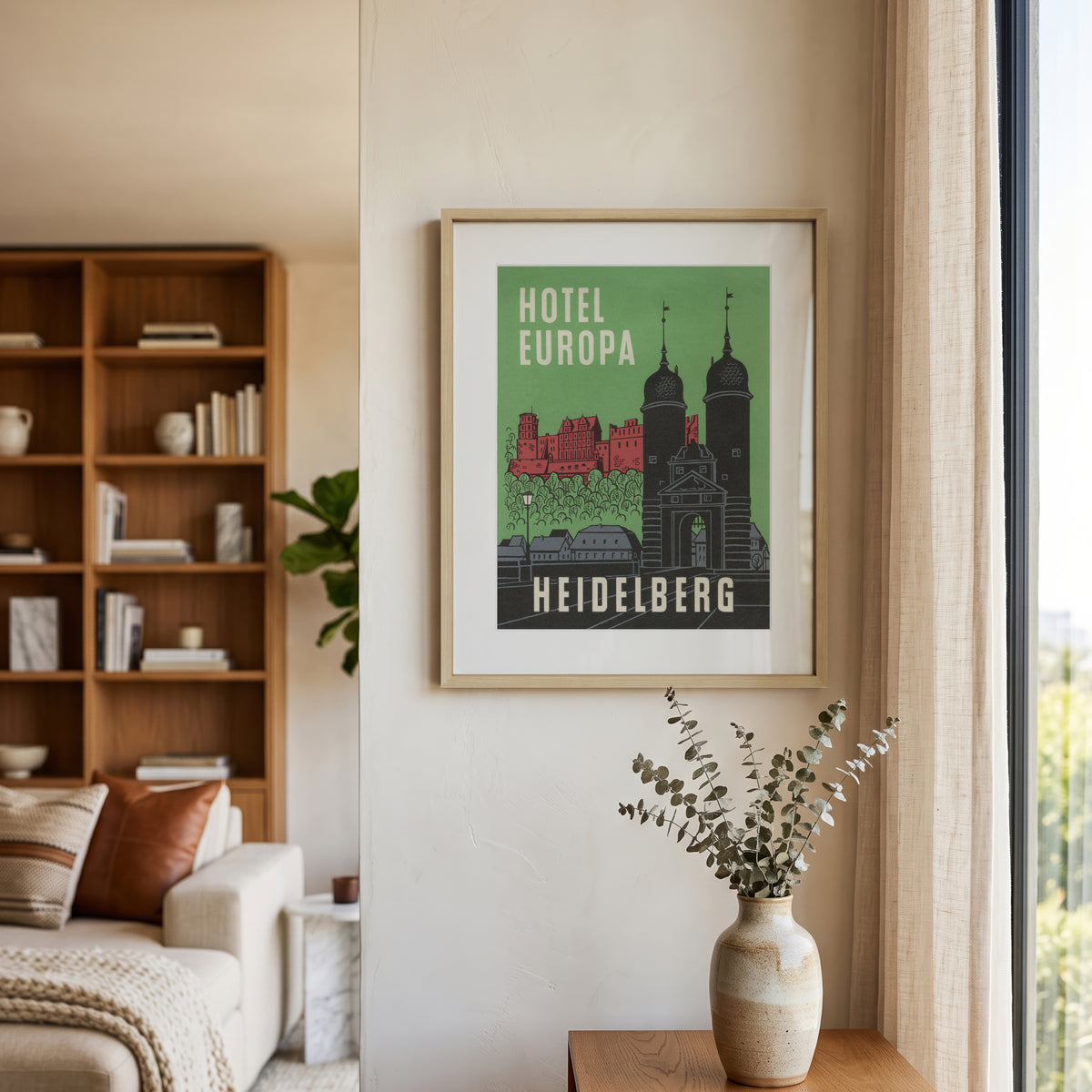 Hotel Europa Heidelberg Germany vintage travel print in natural premium oak frame
