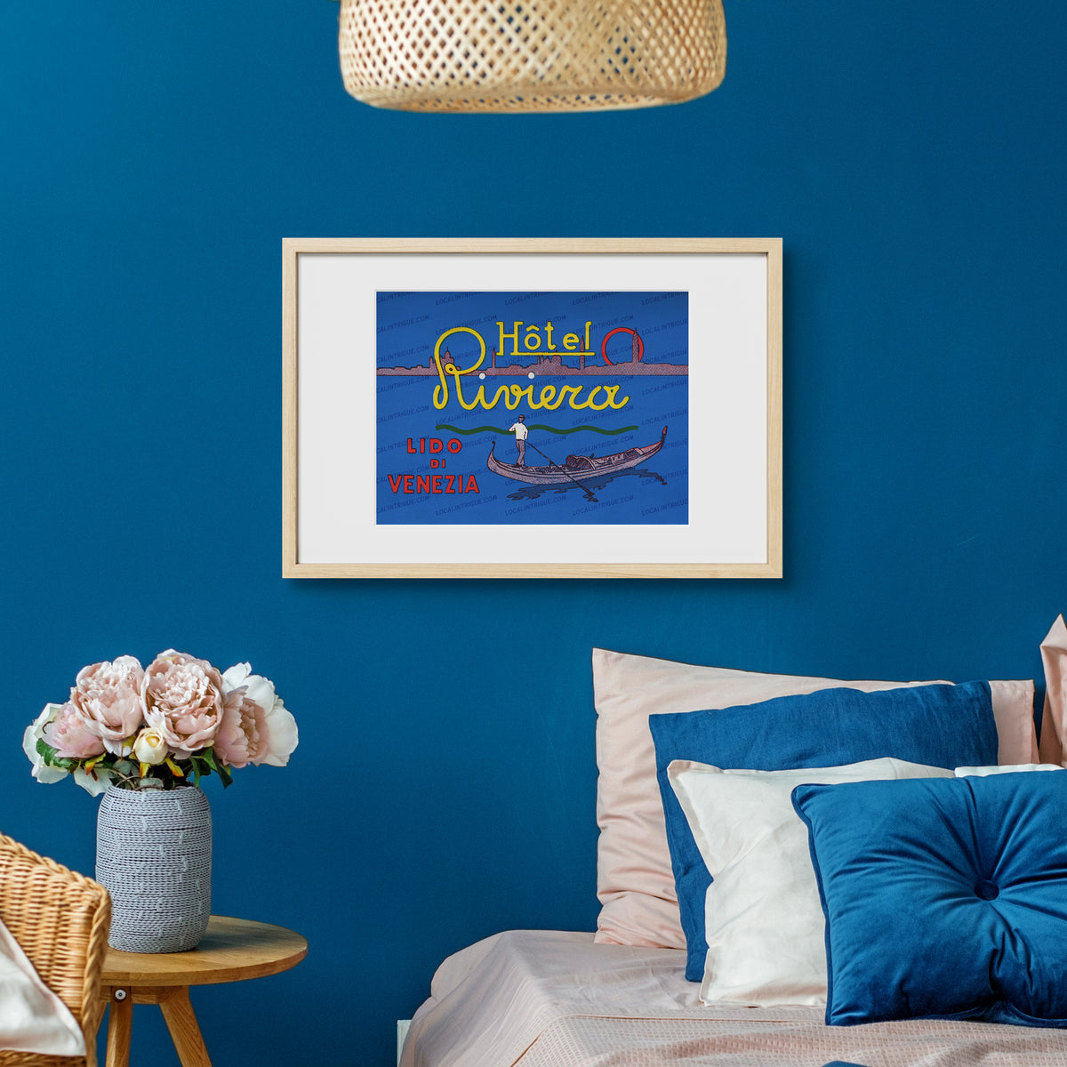 Hotel Riviera Venice Lido vintage Italian travel print displayed as natural oak framed wall art