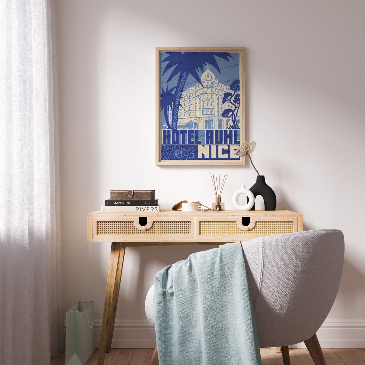 Hotel Ruhl Nice vintage French Riviera travel print displayed as framed wall art