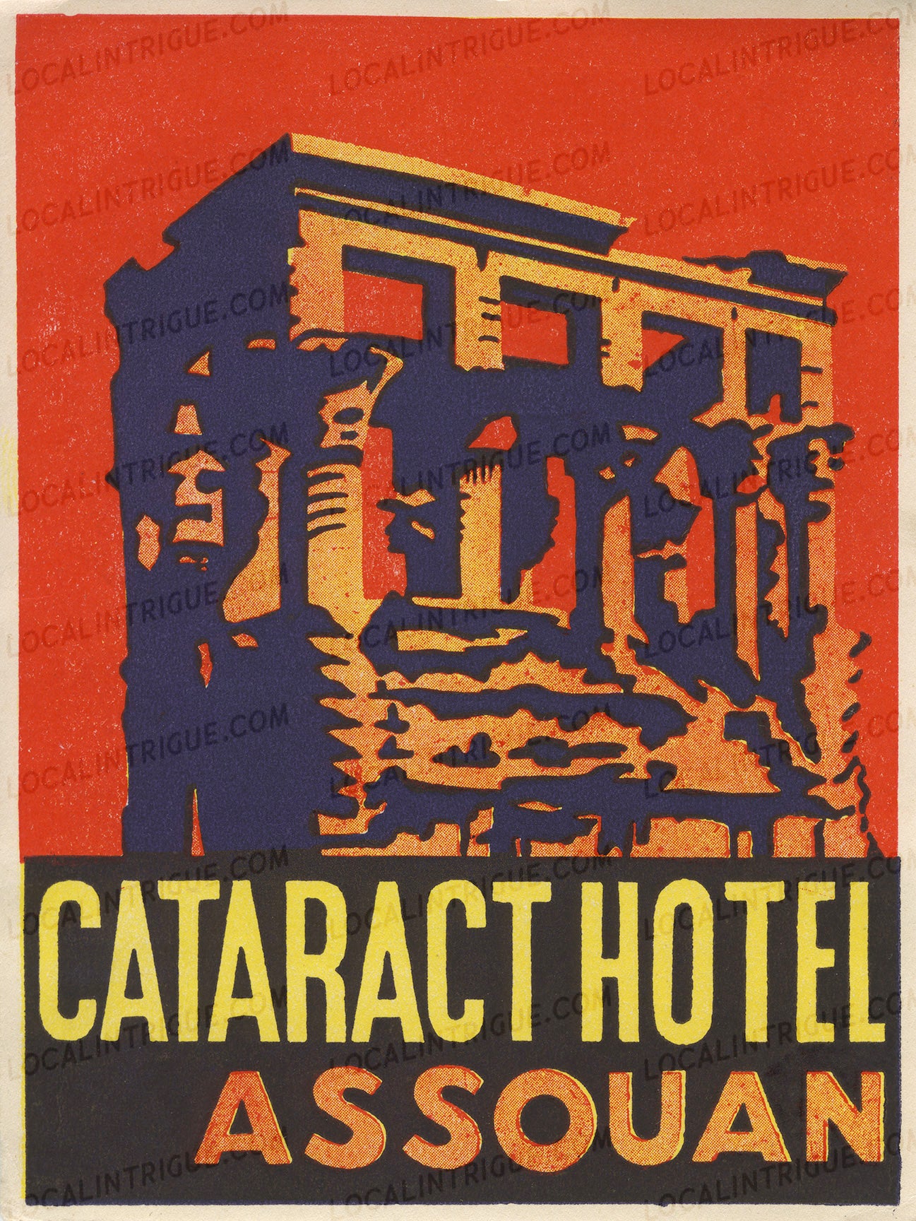 Vintage luggage decal for Cataract Hotel Assouan with architectural design on a red background