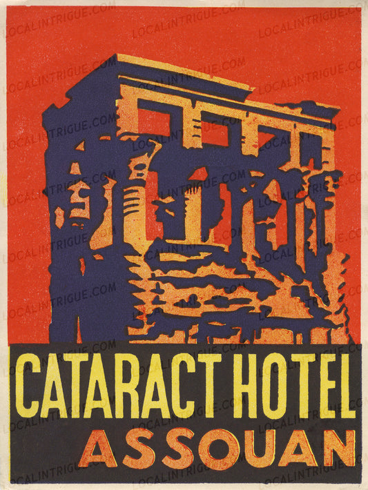 Vintage luggage decal for Cataract Hotel Assouan with architectural design on a red background