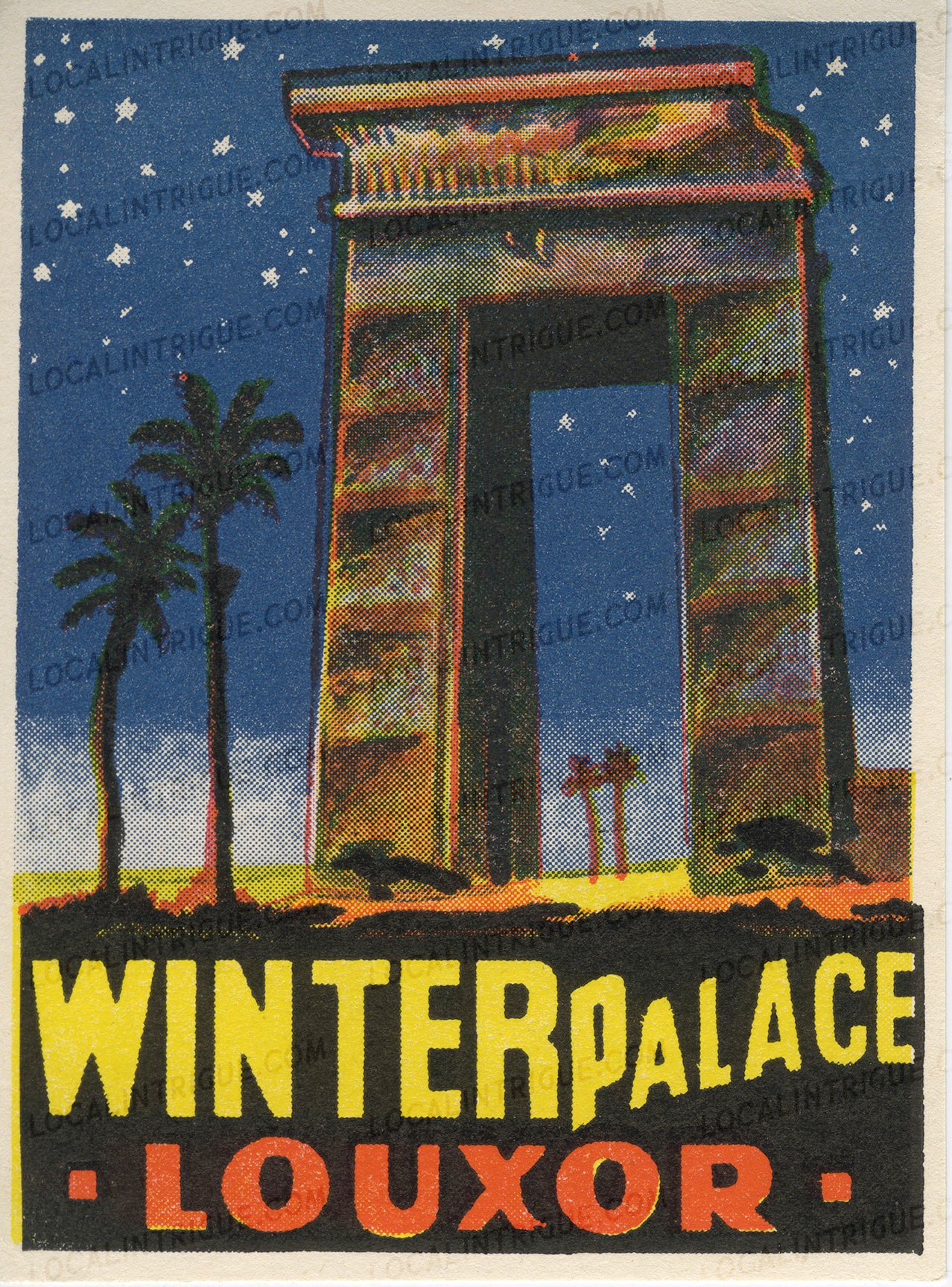 Vintage luggage decal for Winterpalace Louxor with a temple-like structure and palm trees.