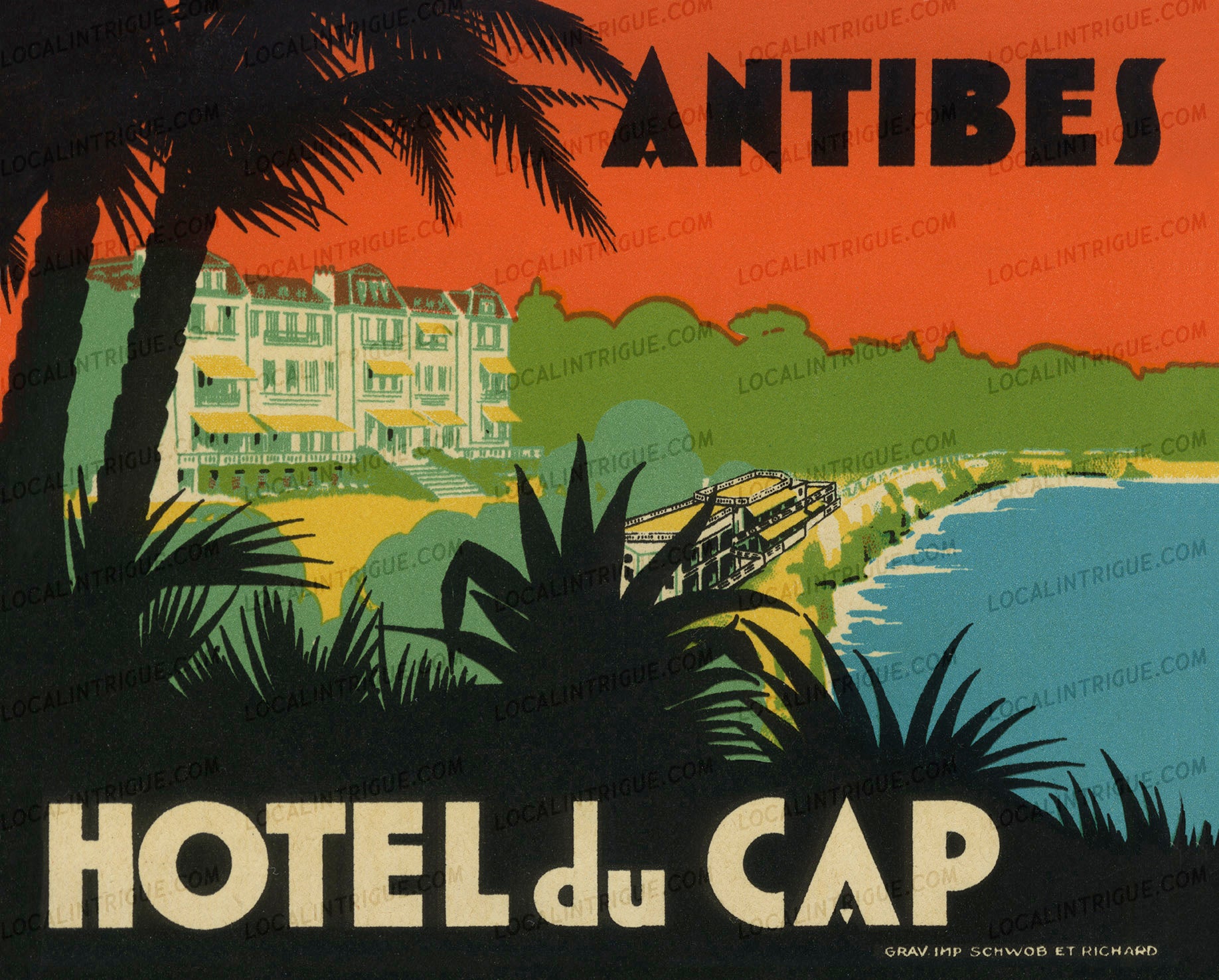 Vintage luggage decal for Hotel du Cap in Antibes with palm trees and coastal view.