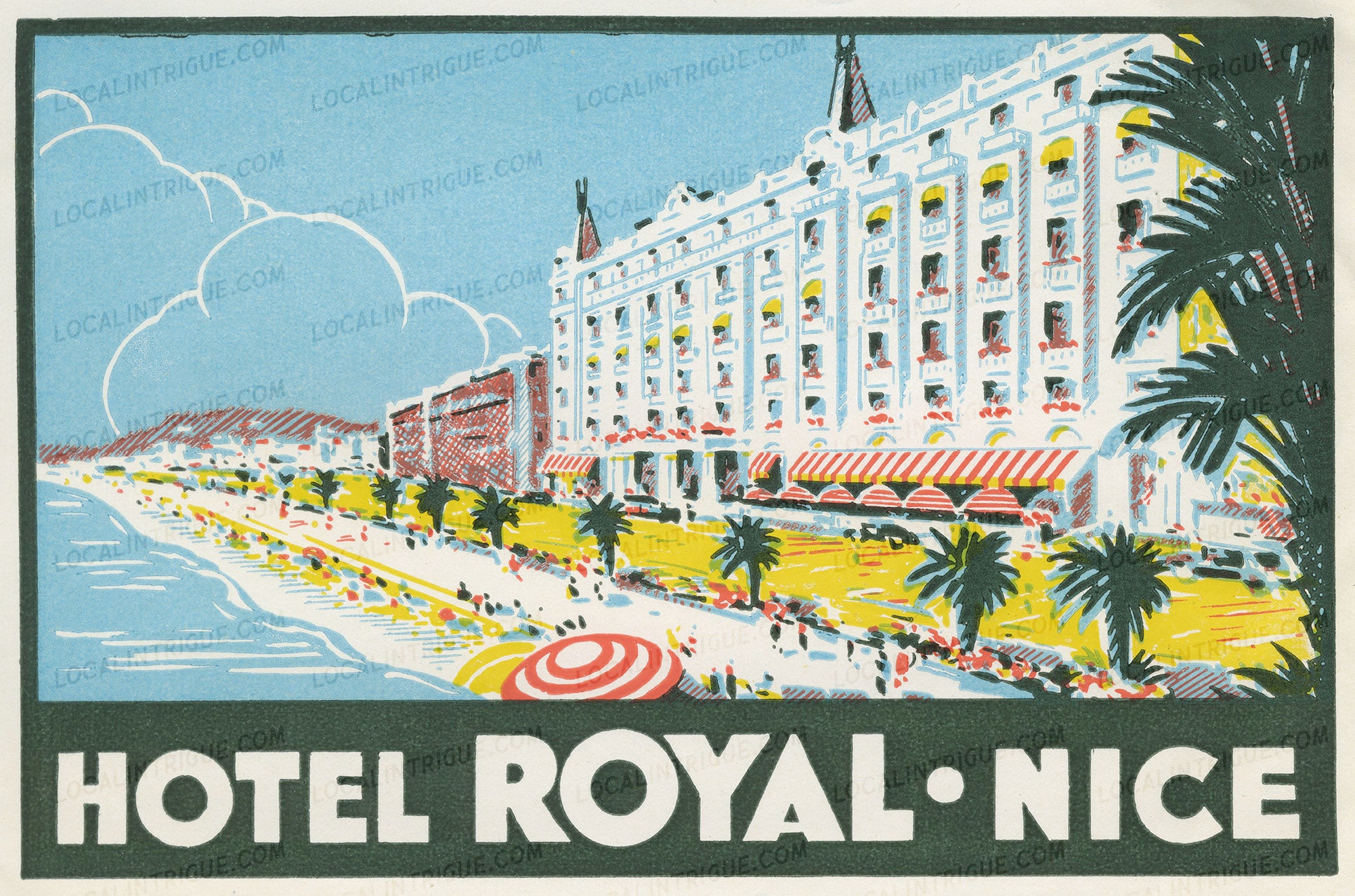 Vintage luggage decal for Hotel Royal Nice with beach and palm trees.