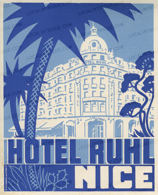 Vintage luggage decal of Hotel Ruhl in Nice with palm trees and blue text.