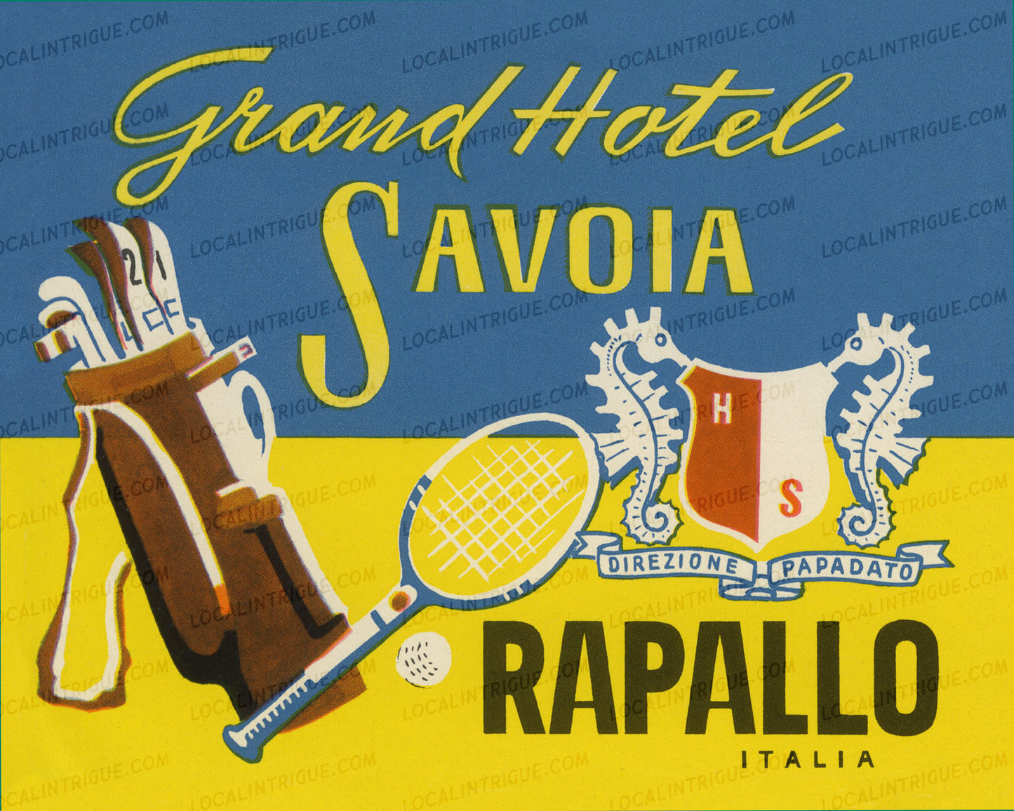 Vintage luggage decal for Grand Hotel Savoia in Rapallo, Italy, featuring a seahorse emblem and tennis racket.