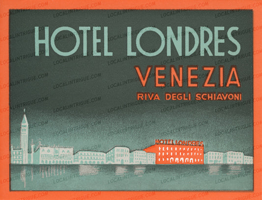Hotel Londres Venezia vintage luggage decal with Venetian skyline illustration.