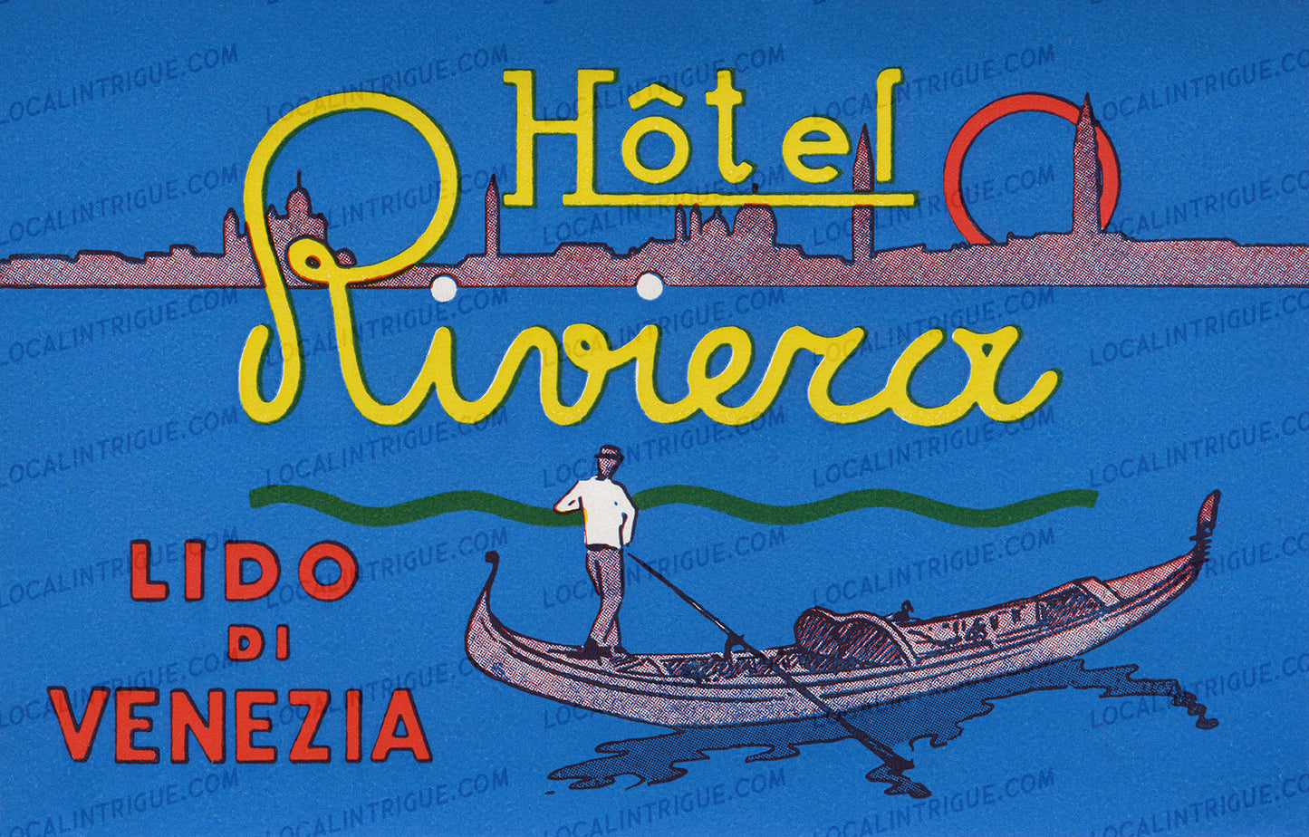 Vintage luggage decal for Hotel Riviera in Lido di Venezia with a gondolier and gondola on a blue background.