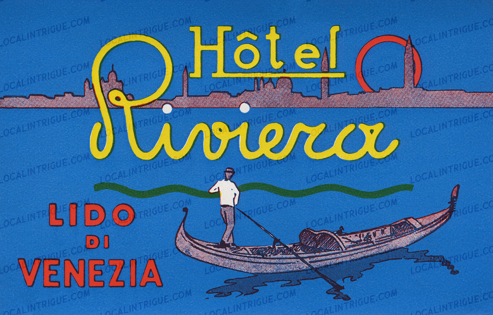 Vintage luggage decal for Hotel Riviera in Lido di Venezia with a gondolier and gondola on a blue background.