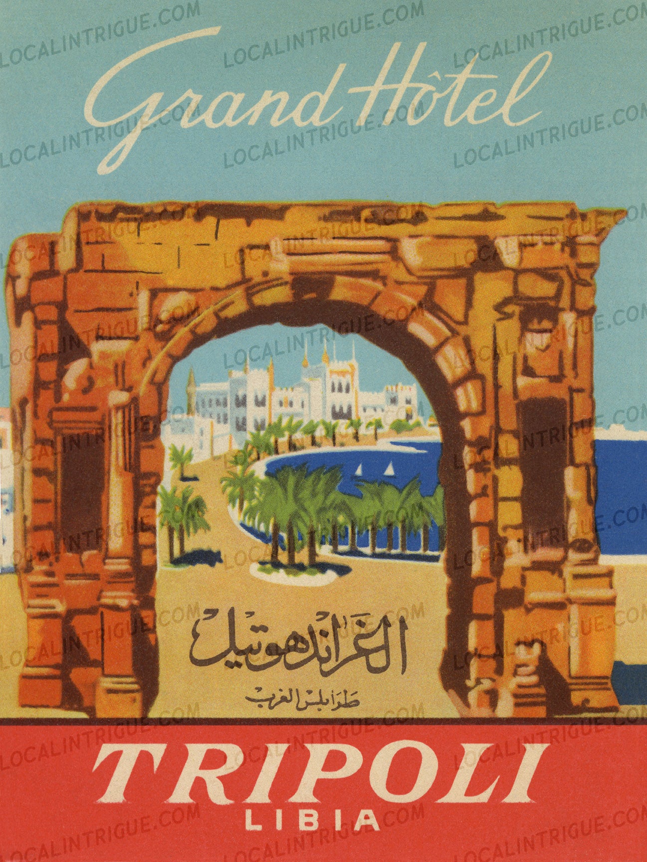 Vintage luggage decal for Grand Hotel Tripoli Libia with architectural design elements.