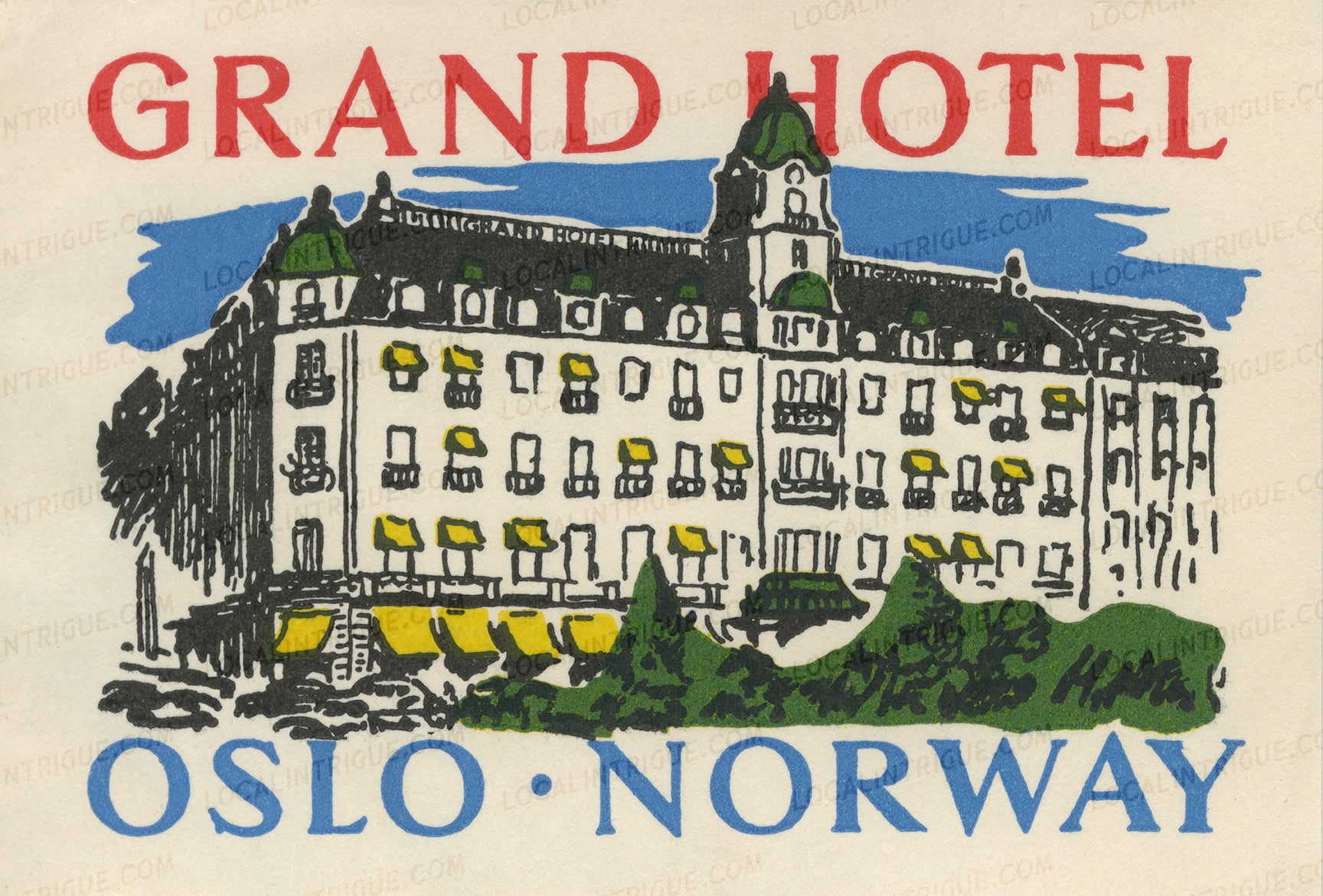 Vintage luggage decal of Grand Hotel Oslo, Norway with a vintage design.