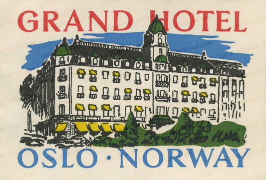 Vintage luggage decal of Grand Hotel Oslo, Norway with a vintage design.