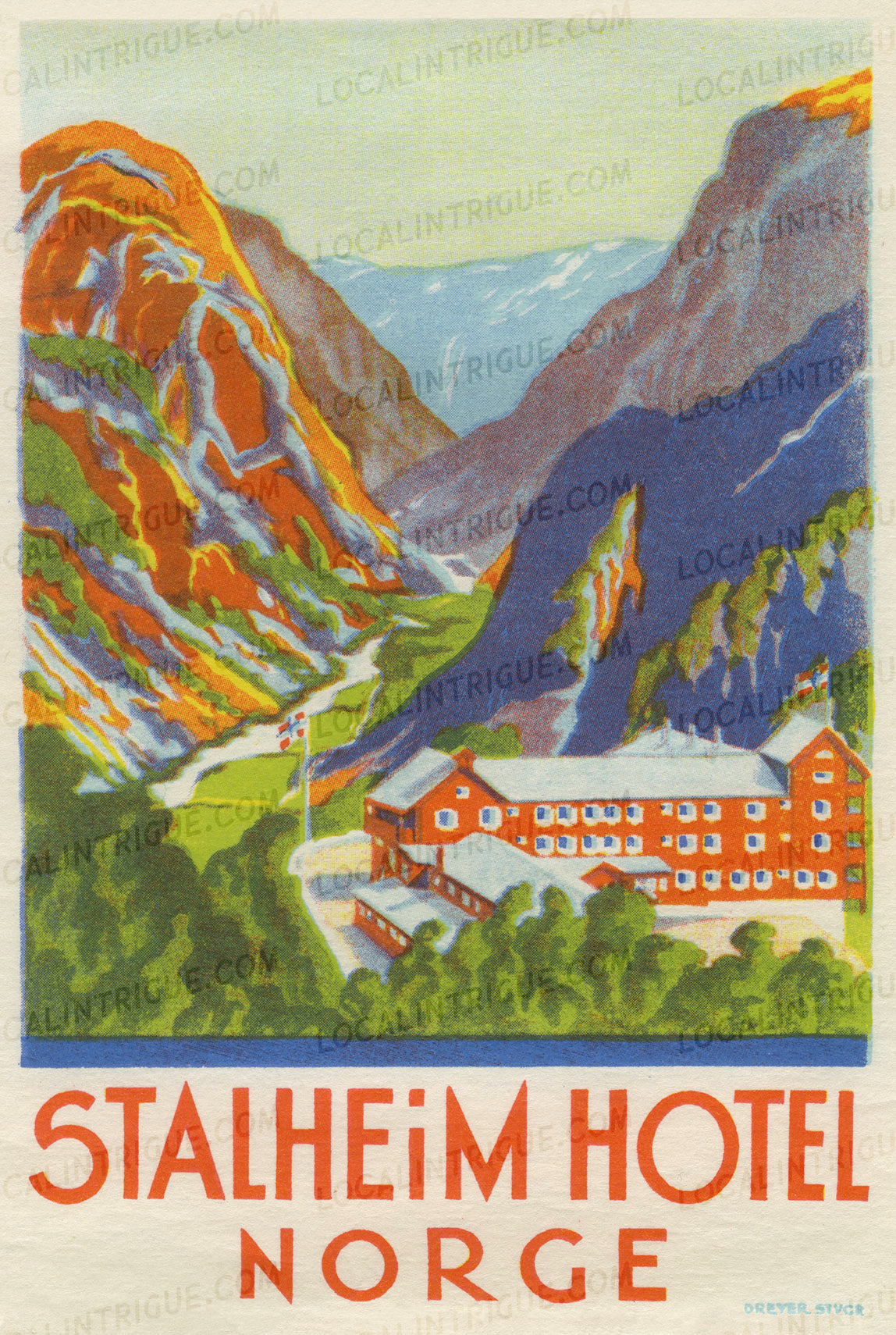 Vintage luggage decal of Stalheim Hotel in Norway with mountainous landscape.