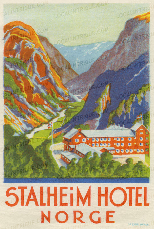Vintage luggage decal of Stalheim Hotel in Norway with mountainous landscape.