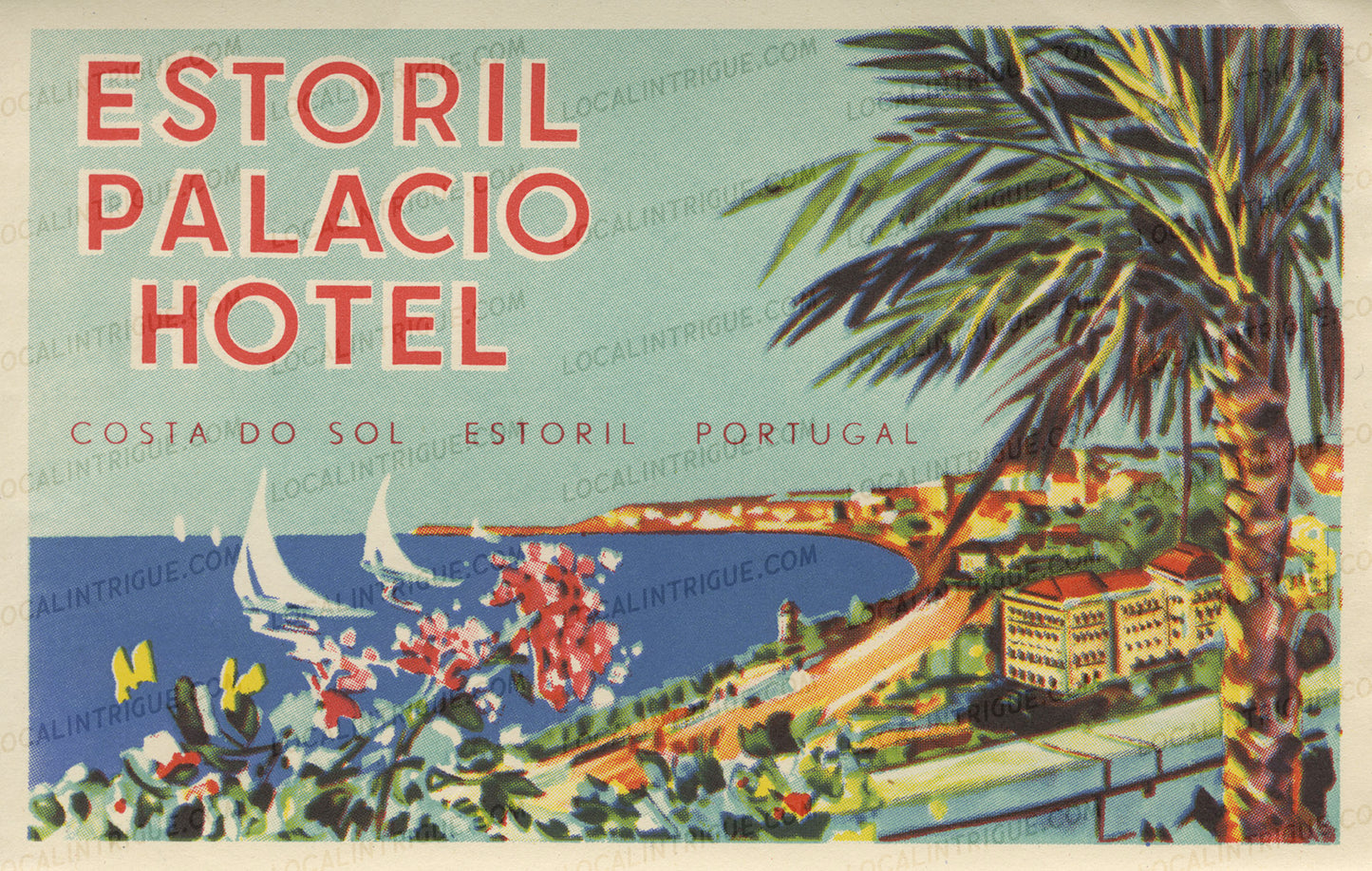 Vintage luggage decal advertisement for Estoril Palacio Hotel with palm trees and ocean view.