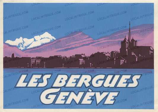 Vintage luggage decal with silhouette of a cityscape and mountains, featuring the text 'Les Bergues Genève'.