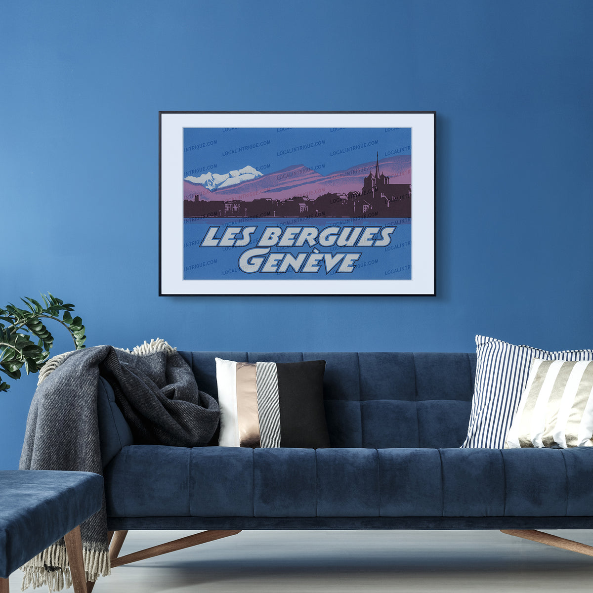 Les Bergues Geneva vintage Switzerland travel print displayed as framed wall art