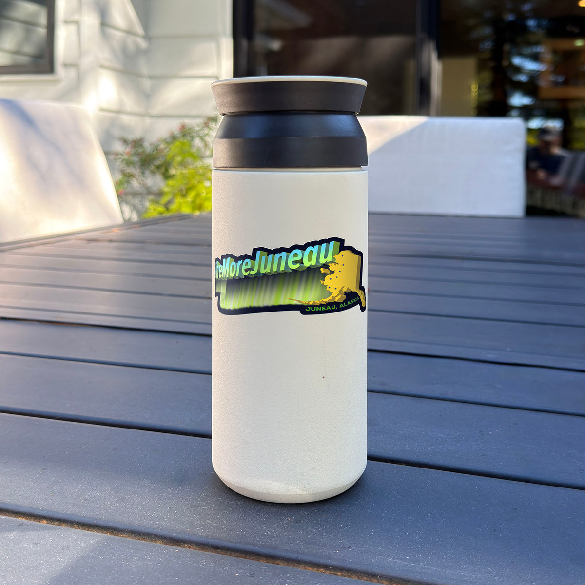 The More Juneau Alaska vinyl sticker featuring Northern Lights and Big Dipper graphic