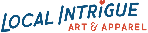 Logo for Local Intrigue Art & Apparel with blue and orange text.